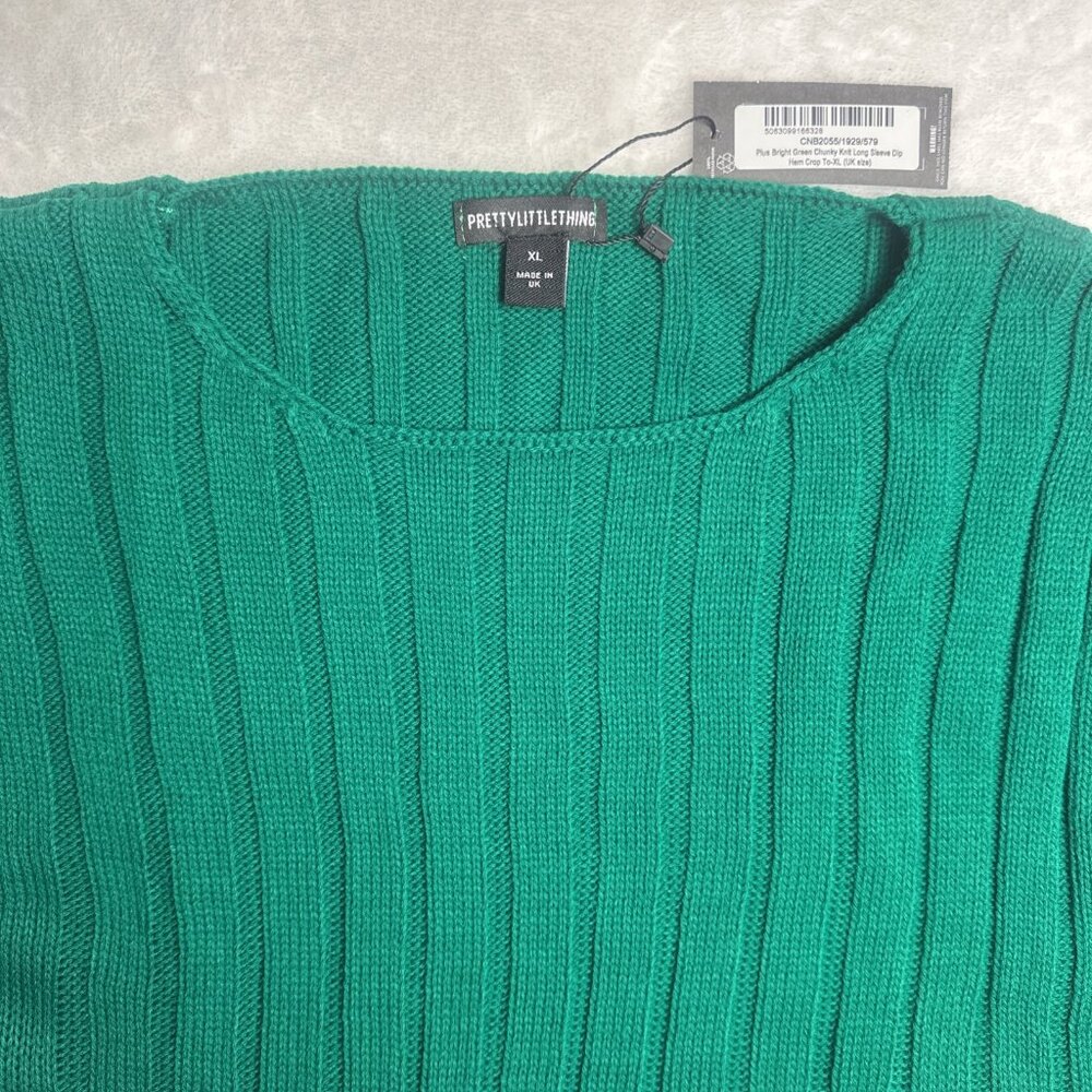NWT~Pretty Little Thing  Sz XL Cropped Cable Knit Dip Hem Sweater KELLY GREEN - Picture 5 of 16